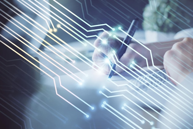 Double exposure of womans hands on background with technology and digital coding icons Data development concept Close up