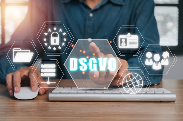 DSGVO Basic Data Protection Regulation Concept Person hand touching DSGVO icon on virtual screen