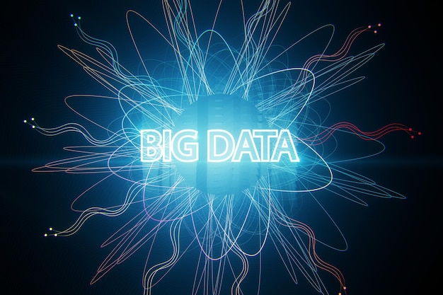 dynamic big data text with vivid light trails on a digital network background technology and connectivity concept 3d rendering