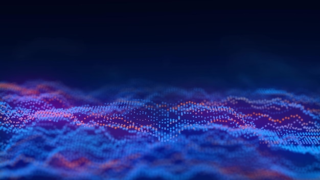 Dynamic blue wave of particles and lines Abstract futuristic background Big data visualization 3D rendering