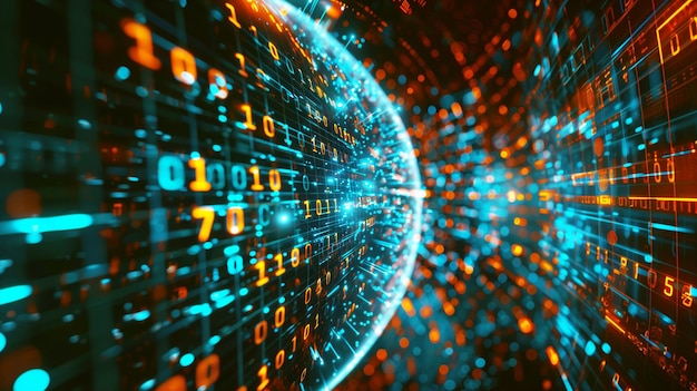 Dynamic digital abstract background with glowing binary code elements floating across a dark space suggesting concepts of data technology and communications