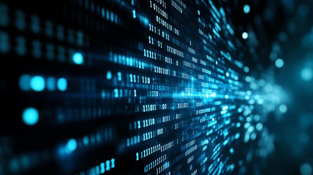 Dynamic digital data stream representing modern technology and data transmission with glowing blue binary elements