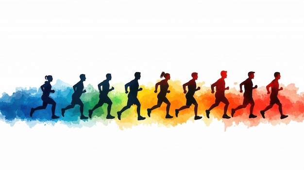 dynamic silhouettes of athletes running in vibrant watercolor style