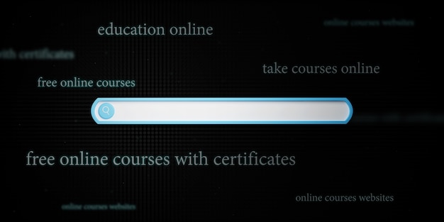 Education concept. 3d of search bar icon and text on dark background. 