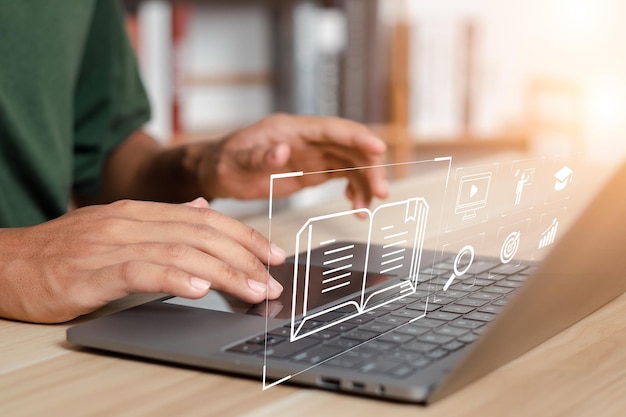 Education on internet elearning concept Person who attends online lessons on a digital screen Education internet Technology