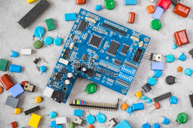 electronic motherboard and isometric processor microchip parts high angle view