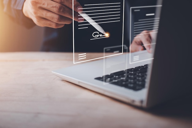 Electronic signature or esigning Document Management System DMS Digital online document database and paperless office Businessman is sign signature with notebook Laptop
