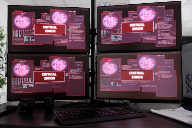 empty it office with computers monitor having critical error message on screen, showing hacking alert and security breach warning. software company with multiple displays running cyber crime attack.