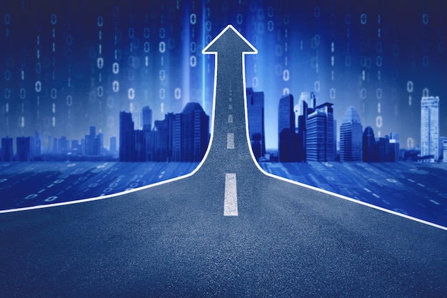 empty road toward an upward arrow with smart city