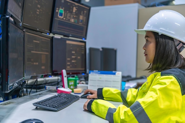Engineer computer worker on Highperformance computers with a lot of monitor in large factoryControl the operation of large machinesWrite a program to run the robotProgrammer working with serious