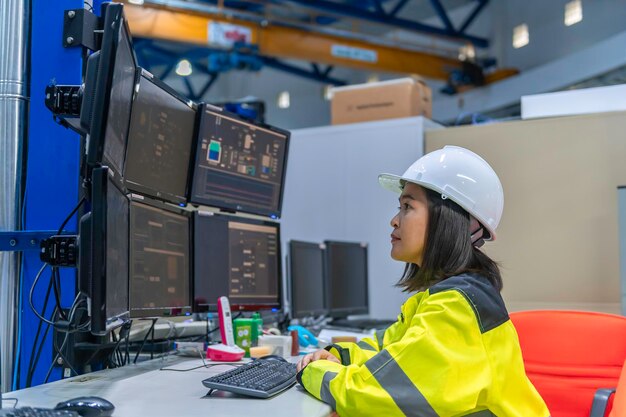 Engineer computer worker on Highperformance computers with a lot of monitor in large factoryControl the operation of large machinesWrite a program to run the robotProgrammer working with serious