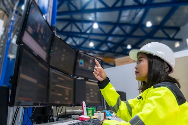 Engineer computer worker on Highperformance computers with a lot of monitor in large factoryControl the operation of large machinesWrite a program to run the robotProgrammer working with serious