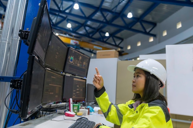 Engineer computer worker on Highperformance computers with a lot of monitor in large factoryControl the operation of large machinesWrite a program to run the robotProgrammer working with serious