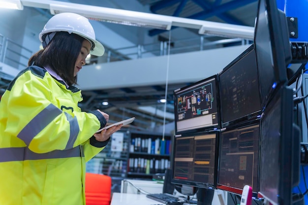 Engineer computer worker on Highperformance computers with a lot of monitor in large factoryControl the operation of large machinesWrite a program to run the robotProgrammer working with serious