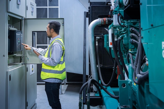 Engineer is using tablet to checking and maintenance for diesel generator at emergency power supply roomx9