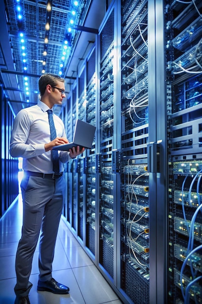 engineer manager connecting data center on global networking in server room of storage systems and connect of data on internet network business