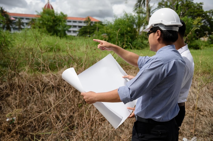 Photo engineer team with blueprint at construction site
