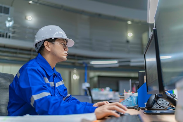 Engineer working at control roomManager control systemTechnician man monitoring program from a lot of monitor