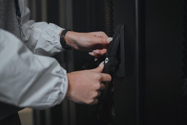 Entrance hands and worker opening a server room for cyber security programming and coding Programmer business and technician entering an office for hardware database and cloud computing
