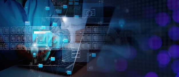 erp document management conceptbusinessman working with smart phone and laptop computer with icons