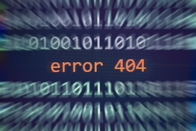 Error 404 message on display screen technology binary code number data alert computer network system problem error software concept