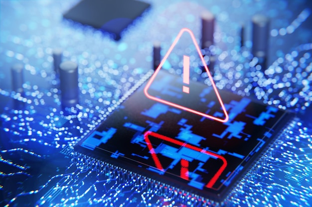 Error warning sign notification and concept of danger and error in the system Personal data protection system notification Hacker attack Virus attack DDoS attacks Spy program 3D render