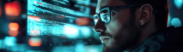 ethical hacking A side view of a dedicated hacker engrossed in analyzing complex source code on