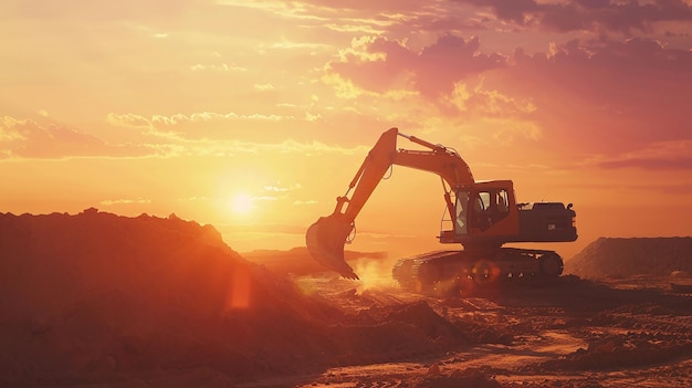 Excavator in Construction Site on Sunset Sky Background