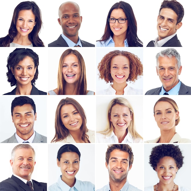 face collage and portrait smile of business people for profile montage or collection against a white studio background happy faces collected in diversity isolated or cropped group smiling together
