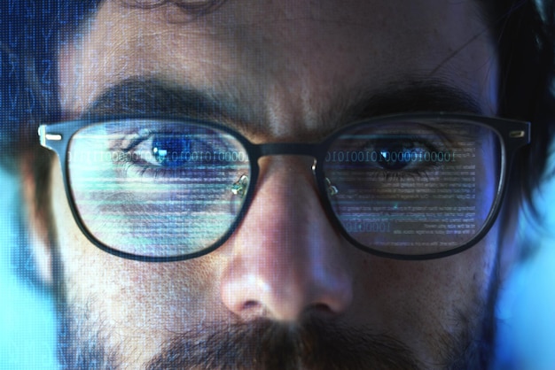 Face smart glasses and overlay of man with futuristic hologram for cybersecurity Portrait iris scanner and person with technology for facial recognition biometric or digital identification data