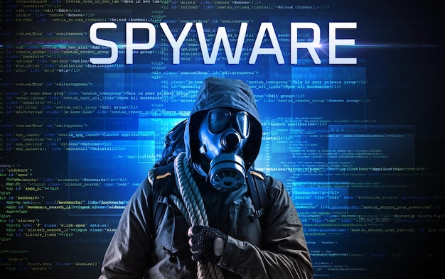Faceless hacker on code background