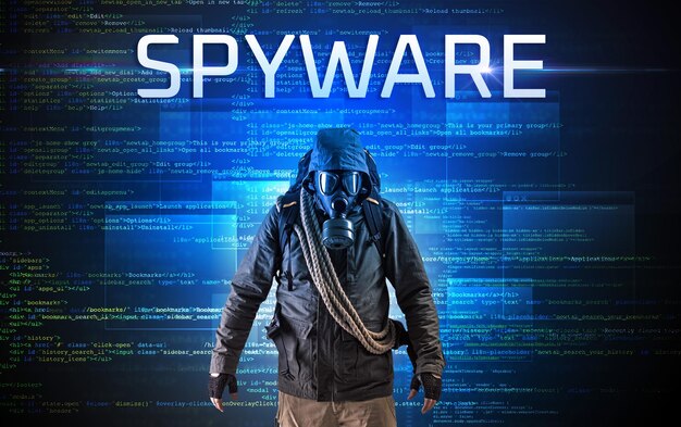 Faceless hacker on code background
