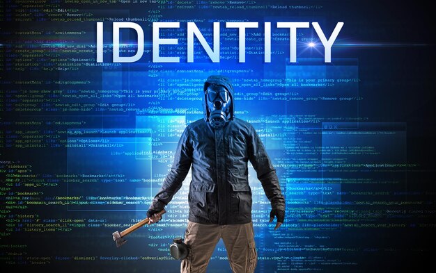 Faceless hacker on code background