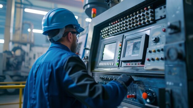 Factory worker is programming a CNC milling machine with a tablet computer