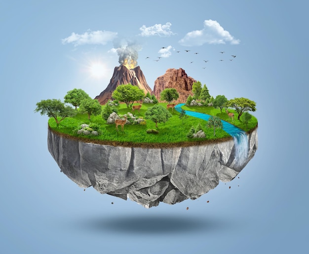 fantasy floating island with river and mountains trees green grass deers 3d illustration of flying