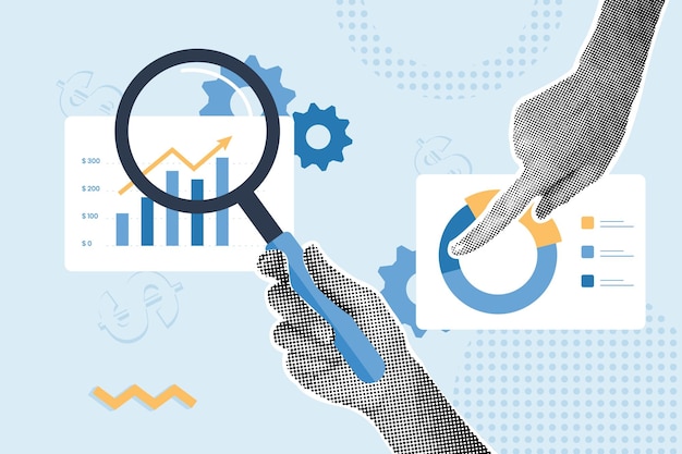 Fashionable halftone collage Concept of analytics business data financial planning investment