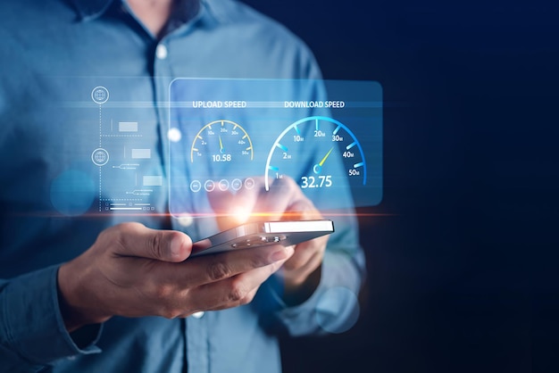 Fast internet connection IOT network technology Man using Internet high speed by smartphone and laptop computer 5G quality speed optimization
