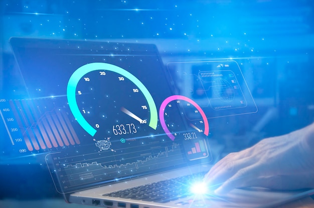 fast internet connection speedtest network bandwidth technology Man using high speed internet with smartphone and laptop computer 5G quality speed optimization
