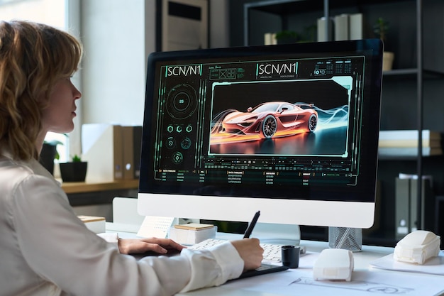 Female designer drawing model of racing car