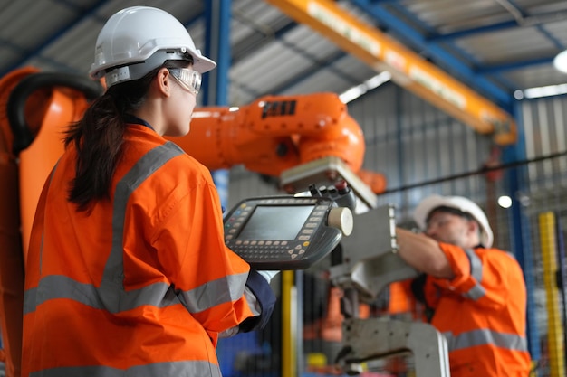 Female Engineer check and control automation robot arms machine in intelligent factory industrial on real time monitoring system software robotics and digital manufacturing operation
