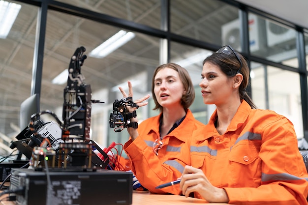 Female Engineer check and control automation robot arms machine in intelligent factory industrial on real time monitoring system software robotics and digital manufacturing operation