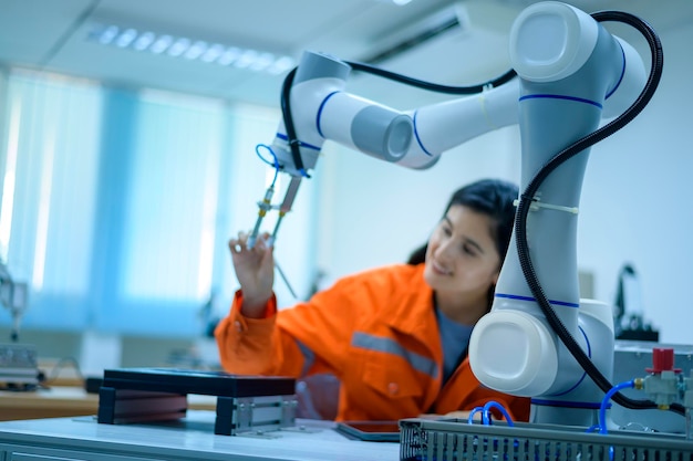 Female Robotics engineer working with Programming and Manipulating Robot Hand