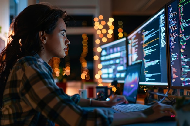 female software engineer working intensely on multiple computer screens at night