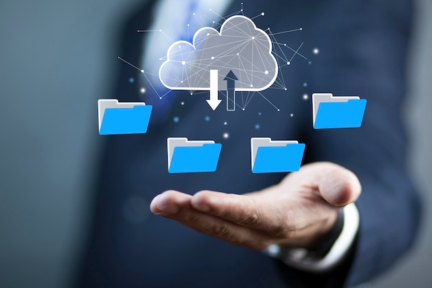 File transfer protocol or FTP digital system for transferring documents Files receiver and computer backup copy Cloud computing system concept