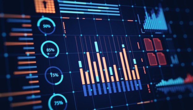 financial data interface displaying graphs bar charts and circular diagrams on a futuristic digital background 3d rendering