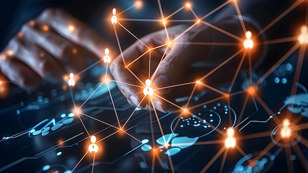 Finger touching glowing network with human icons