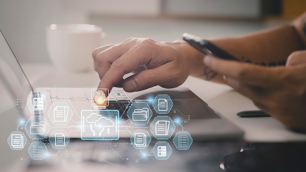 Fingerprint scanning and biometric authentication system for document management DMS software that automates the archiving and management of data files concept of Internet technology