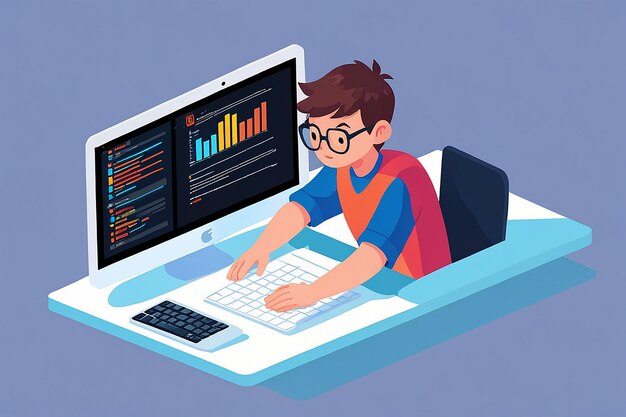 Flat 3D Isometric Software Developer or Programmer Coding on PC Computer