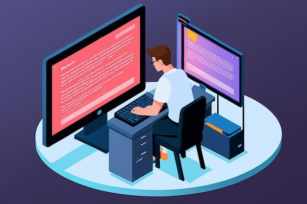 Flat 3D Isometric Software Developer or Programmer Coding on PC Computer