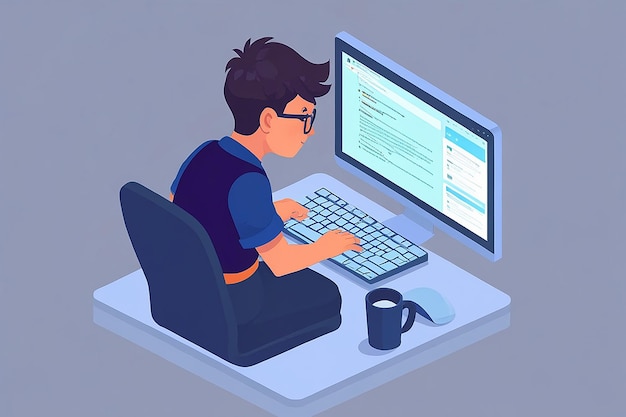 Flat 3D Isometric Software Developer or Programmer Coding on PC Computer
